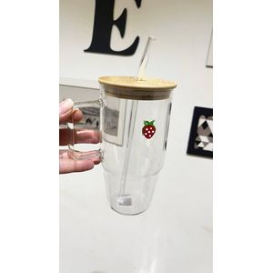 كوب فراولة زجاج حراري 600 مل بغطاء خشب شفاطة زجاج 