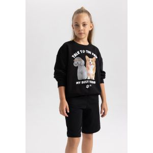 Defacto Girl C Neck Regular Fit Sweat Shirt - Black