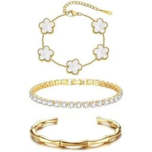 مجموعة أساور فاخره للنساء تتكون من 3 قطع: سوار تنس مرصع بالزركون + سوار من الذهب المطلي على شكل خيزران + سوار فاخر من الفولاذ المقاوم للصدأ المقاوم للماء بشكل البرسيم - هدية أنيقة للفتيات والنساء