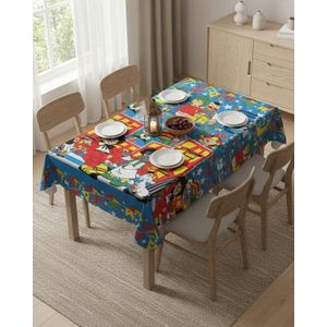 مفرش سفرة رمضاني بلاستيك ديكوري بتصميم إسلامي فاخر – مصنوع من طبقتين عاليتي الجودة – مقاوم للماء والزيوت – مثالي للإفطار والسحور في رمضان (شخصيات رمضان ازرق, 140*240 سم)