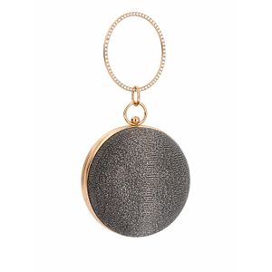 A stylish round evening bag in a glossy gray color with a studded round handle a luxurious, modern design for special occasions.