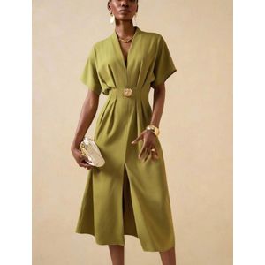 Elegant Olive Green Midi Dress With Batwing Sleeves And V-Neck For Formal Events