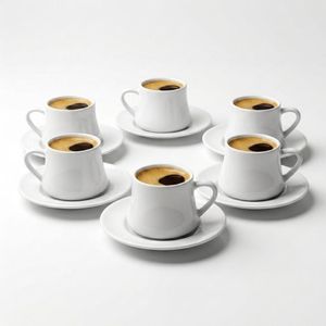 طقم 6 فناجين قهوة بورسلين بأطباقها، تصميم انسيابي مريح لليد، قاعدة ثابتة تمنع الانزلاق، للتقديم في العزومات والمكتب