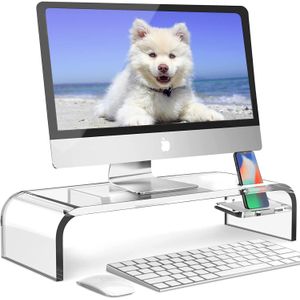 BEST MEDIA Computer Monitor Stand with Phone Holder - Acrylic Laptop Stand Clear Monitor Stand White Computer Keyboard Stand Computer Stand for Desktop Monitor Riser