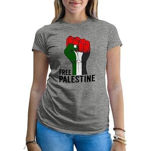 General Free Palestine Graphic T-Shirt, Grey, Raised Fist Print, Palestinian Flag Colours, Casual Wear