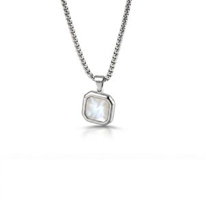 Men's Summer Stainless Steel Silver Chain with Square White Shell Stone Pendant