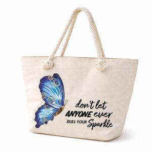 شنطة شاطئ حريمي بتصميم فراشات وعبارات تحفيزية - قماش قطني ثقيل - سوستة ذهبية - جيب داخلي - مبطنة من الداخل - شنطة كتف للمصيف والسفر والخروج - 47 * 37 سم