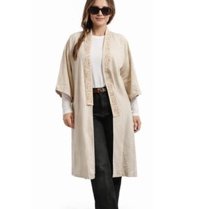 LA BELLA FASHION كارديجان كيمونو طويل حريمي من لابيلا فاشون - خامة كتان قطن بتطريز يدوي مميز