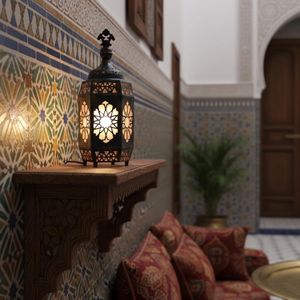B171 Artisanal Moroccan Hexagonal Lantern, Antique Brass Finish, Geometric Stained Glass Panels, Traditional Arabic Design, Decorative Table Lamp