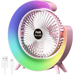 مروحة مكتب شخصية 12.7 سم مع إضاءة LED الوان 7 درجات ، مروحة طاولة محمولة بـ3 سرعات وإمالة 180 درجة، تعمل بالبطارية قابلة لإعادة الشحن بمنفذ USB، مروحة تبريد هادئة لغرفة النوم والمكتب والتخييم الخارجي