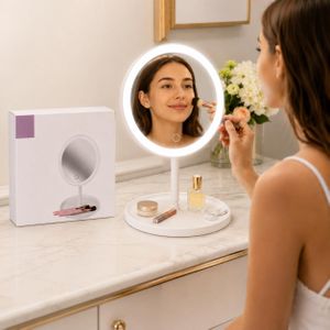 مرآة مكياج LED محمولة بإضاءة قابلة للتعديل – مرآة تجميل عالية الدقة بتحكم لمس وحامل قابل للدوران 180 درجة – مع صينية تخزين