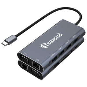 Standard 9591A+ محطة إرساء USB-C 11 في 1 مع HDMI بدقة 4K، VGA بدقة 2K، جيجابت إيثرنت، USB 3.0، USB 2.0، SD، TF، صوت وشحن PD بقوة 100 وات