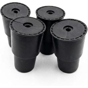 A set of 4 adjustable stove legs height-adjustable by twisting the bottom section featuring a durable, round design, black finish, and easy installation.