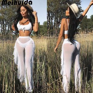 New Sexy Ruffle Women Beach Mesh Pants Sheer Wide Leg Pants Transparent See  Through Sea Holiday Cover Up Bikini Trouser Pantalon