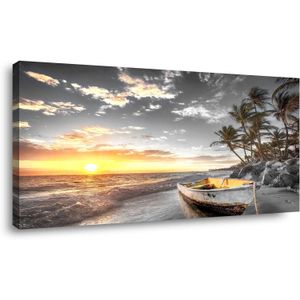 Haichuang Decor Art Beach Wall Canvas Prints Black and White Sunset Seascape Pictures Bedroom Boat Tree Ocean Landscape Painting for Living Room Office ation Natural Scenery work 24x48inches
