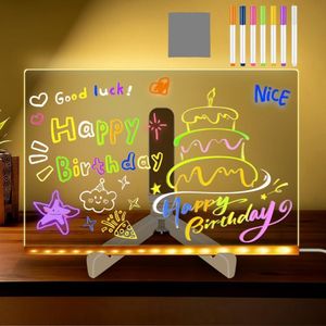 LED Note Board with Colours, 30 cm * 20 cm LED Note Board with Colours with Stand and 7 Colour Pencils, Message Board with LED Light, Acrylic Notice Board, Doodle Light Board for Bedroom