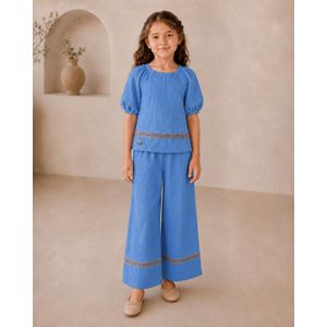 Bondok Wonder trim Set Girls' Puff Sleeve Top and Wide-Leg Trouser Set, Embroidered Trim, Red, White, Yellow, blue, dark green and fushia