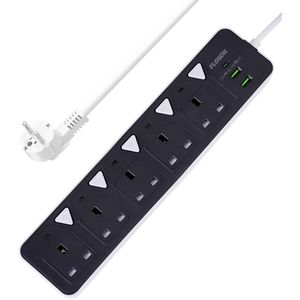 مشترك كهرباء 5 مخارج عالمي بمفاتيح تشغيل مستقلة + منفذي USB للشحن – قدرة 2500 وات – كابل 2 متر – حماية من الأحمال الزائدة