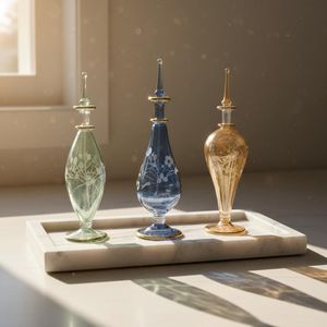 LW4501 Luxurious Egyptian Glass Perfume Bottles Set, Decorative Floral Etched Design, Green Blue and Amber Colors, 3 Pieces with Ornate Stoppers