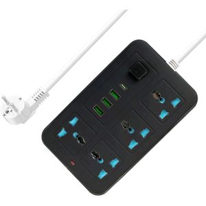 مشترك كهرباء 4 مخارج عالمية + 3 منافذ USB ومنفذ Type-C مع مفتاح تشغيل – حماية من زيادة التيار المتردد – كابل طاقة متين – أسود