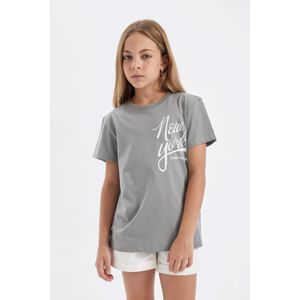 Defacto Knitted Short Sleeve T-Shirt - Grey