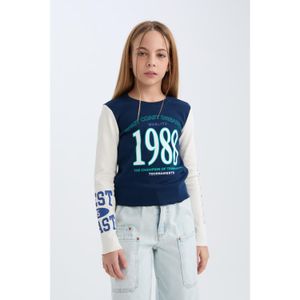 Defacto Cropped Fit Crew Neck Printed Ribbed Cotton Long Sleeve T-Shirt Girls'