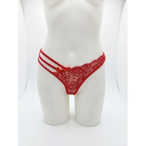 Vibrant Red Floral Lace Multi-Strap Thong with Bows