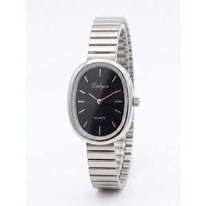 Onlyou Classic Women's Watch with Oval Black Dial - Flexible Silver Stainless Steel Band
