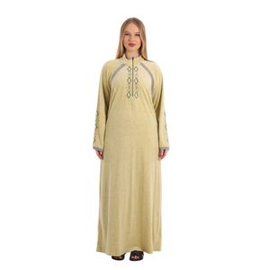 Zecotex Women's Embroidered Velvet Abaya – Long Sleeve Maxi Dress with High Neck and Pockets, Elegant Winter Homewear.