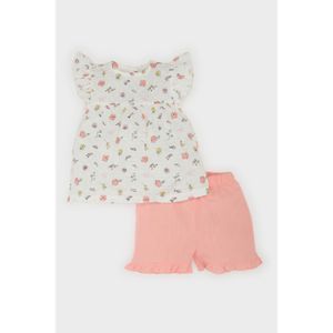Defacto 2-Pack Suit Floral Slub Poplin Short Sleeve Blouse Waist Elastic Shorts Girl Baby