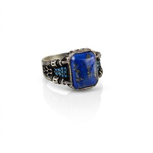 خاتم فاخر رجالي تركي مصنوع يدويًا من الفضة الاسترليني 925 - حجر اللازورد