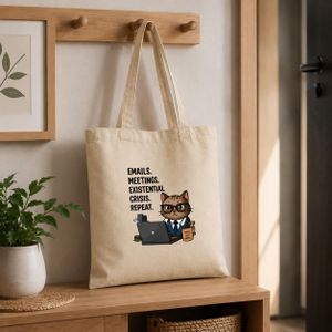 شنطة قماش Corporate Cat - حقيبة كانفاس مضحكة عن حياة الشغل لون بيج