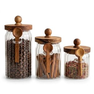 طقم 3 برطمانات زجاج بغطاء خشب ومعلقة، برطمانات تخزين توابل وبقوليات، برطمانات مطبخ بغطاء محكم، لتنظيم المطبخ وتقديم التوابل