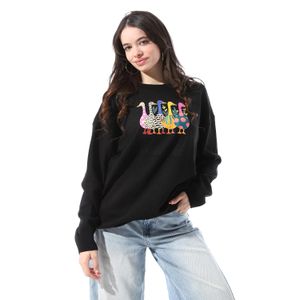Andora Ribbed Cuffs Patterned Pullover - Black