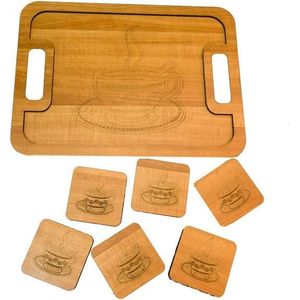 رف خشبي مستطيل الشكل للتقديم مع 6 قواعد أكواب