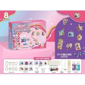 DIY Drop Glue Pendant Craft Set 8 Pcs Metal Frame Charm Keychain Kit with AB Crystal Resin Glitter Bags Garnishes Sequins Tweezers Mixing Spoons Cups Hands-on Jewelry Making Gift for Girls Kids Ages 3+ (Shape & Color May Vary)