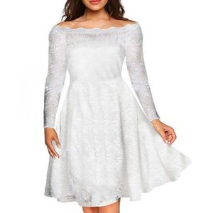 Fg فستان نسائي دانتيل ببطانة ابيض دون أكتاف