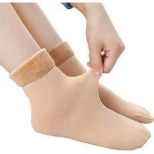جوارب شتوية نسائية مبطنة بالفرو، صوف دافئ، لون بيج، عدد 2