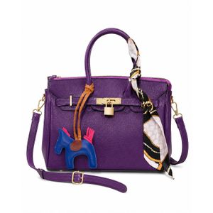 Luxury Purple Women's Handbag Leather with Blue Horse Details & Silk Scarf Accent, Ideal for Work & Formal Occasions, Large Capacity, Secure Metal Clasp, Stylish & Functional Design
