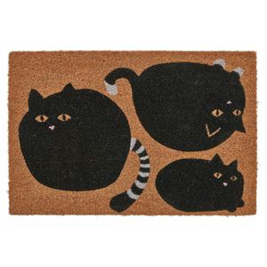 Door mat This image a tan and black rectangular doormat named VÄGTYP, showcasing playful black cat designs in a coir material.