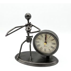 Metal Desk Clock with Violinist Statue, Sculpture Art Design, Dark Grey, Quartz, Roman Numerals
