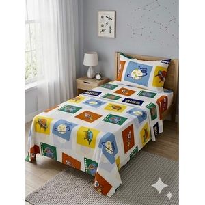 YARLIN طقم سرير قطن 100% من يارلن (ملاية سرير فلات لسرير مقاس 120 سم وغطاء وسادة بتصميم فضاء  )