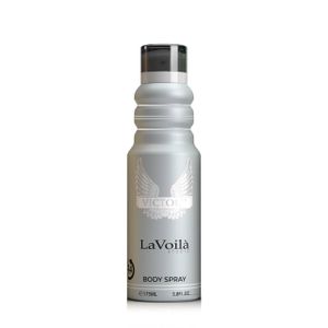 Victor LaVoilà Studio body spray featuring a metallic silver bottle design.