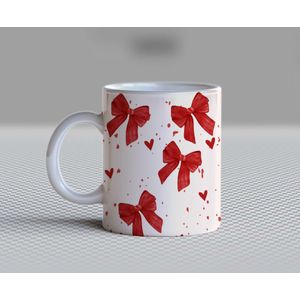 Cute Red Bow and Splatter Hearts Ceramic Coffee Mug – 11oz Aesthetic Coquette Ribbon Tea Cup, Watercolor Red Ribbon Pattern Mug for Coffee Lovers, Lovely Birthday & Valentine Gift for Women, Girls & Teens