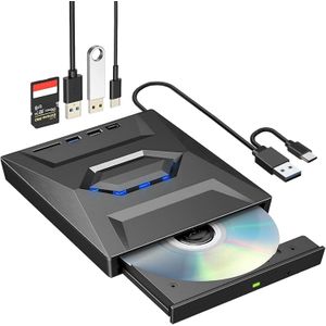 ناسخ أقراص مضغوطة خارجي - منفذ USB من النوع C 3.0، فتحة بطاقة SD، قارئ أقراص DVD بسرعة 8x، قارئ أقراص CD فائق السرعة بسرعة 24x لأنظمة Windows/Mac/Linux