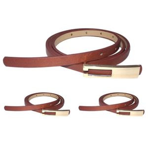 حزام جلد رفيع للنساء، ابزيم معدن لون ذهبي، جلد بني، 01202611002، 3 قطعة