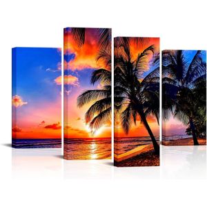 Saypeacher Abstract Beach Sunset Canvas Wall Art 4 Pieces Tropical Palm Tree Beach Painting Modern Hawaii Landscape Prints Framed Artwork Bathroom Bedroom Decor Ready to Hang 12"x24"x2pcs+12"x32"x2pcs