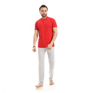 Andora Short Sleeve Solid Pattern Pajama Set - Grey & Red