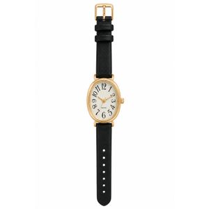 Women Quartz Watch Vintage Oval Gold Case Black Leather Strap m10