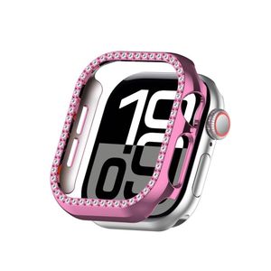 جراب لامع لساعة أبل سيريز 10 مقاس 46 مم، جراب بلاستيكي صلب لامع مع واقي شاشة من الزجاج المقوى، غشاء حماية مرصع بالكريستال للنساء والفتيات، جراب ساعة أبل سيريز 10 مقاس 46 مم - وردي